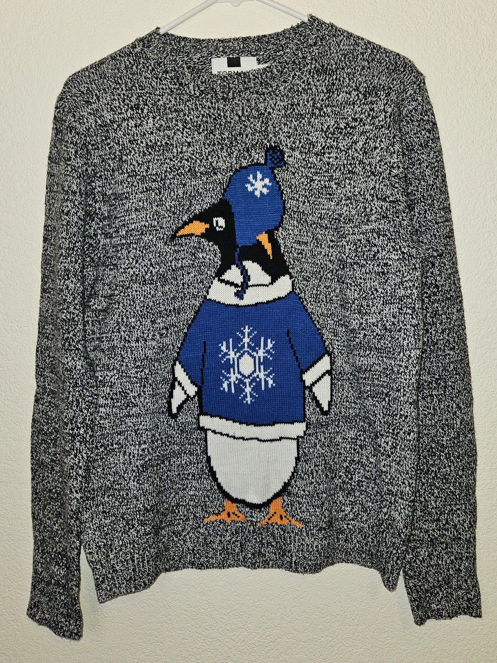 Topman Men's Grey Crewneck Sweater with Blue Penguin Motif Small Casual Winter